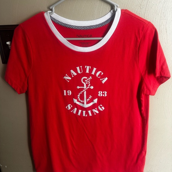 Nautica Coral-Red Short Sleeve Tee with Anchor Design - Picture 1 of 2